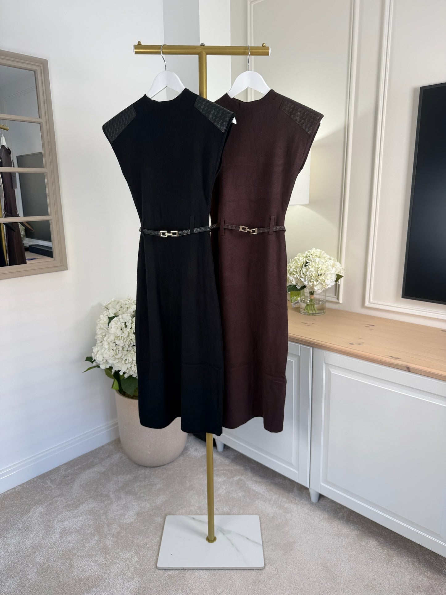 Faux Leather Shoulder Belted Midi Dress