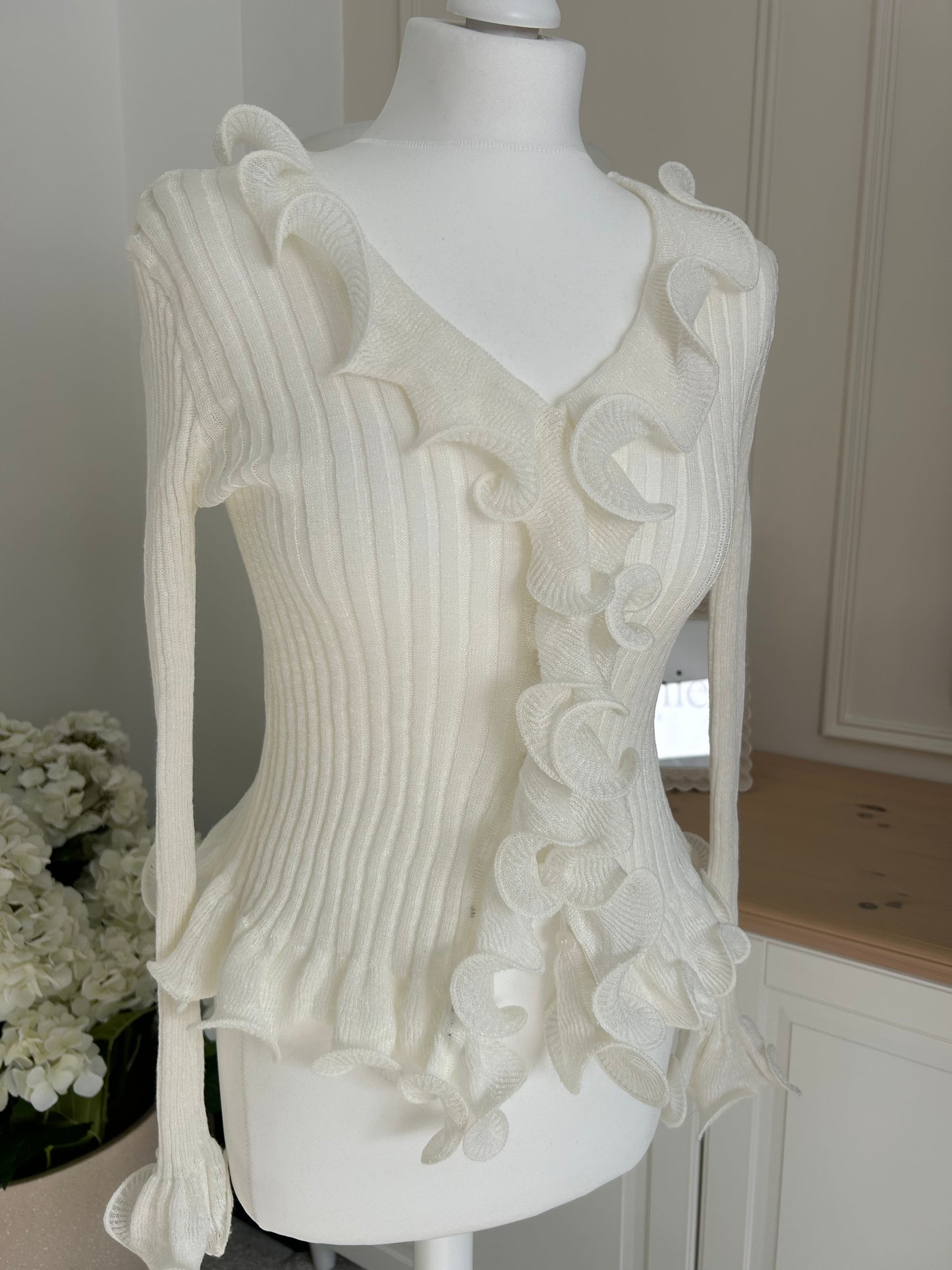Ruffle Detail Ribbed Knit Cardigan