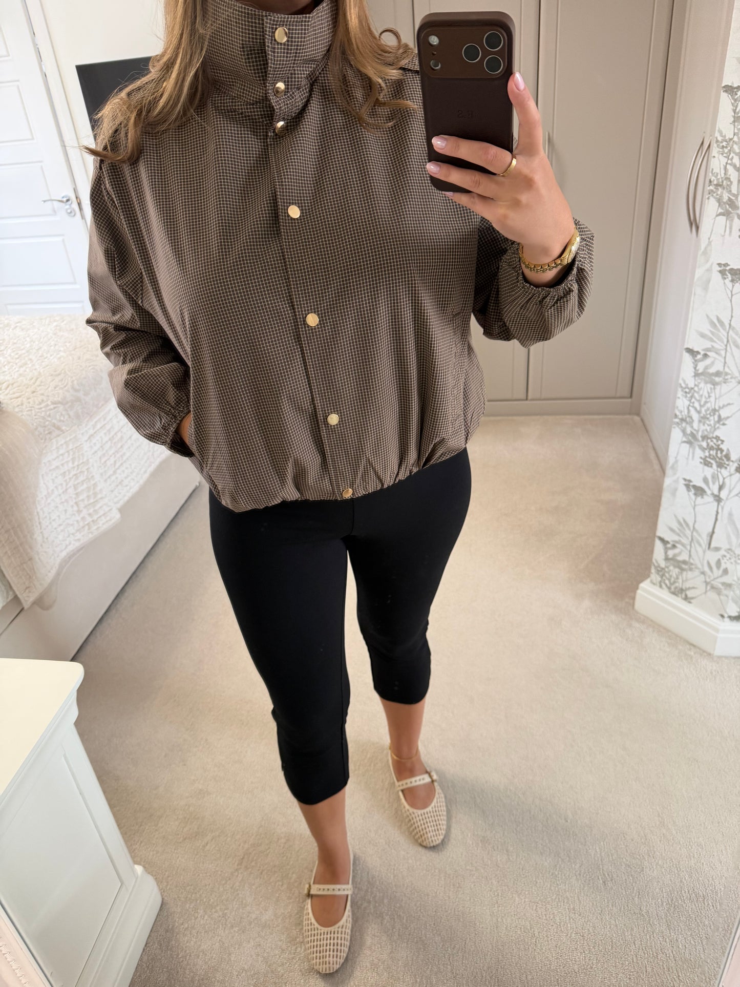 Gold Detail Check Funnel Neck Jacket