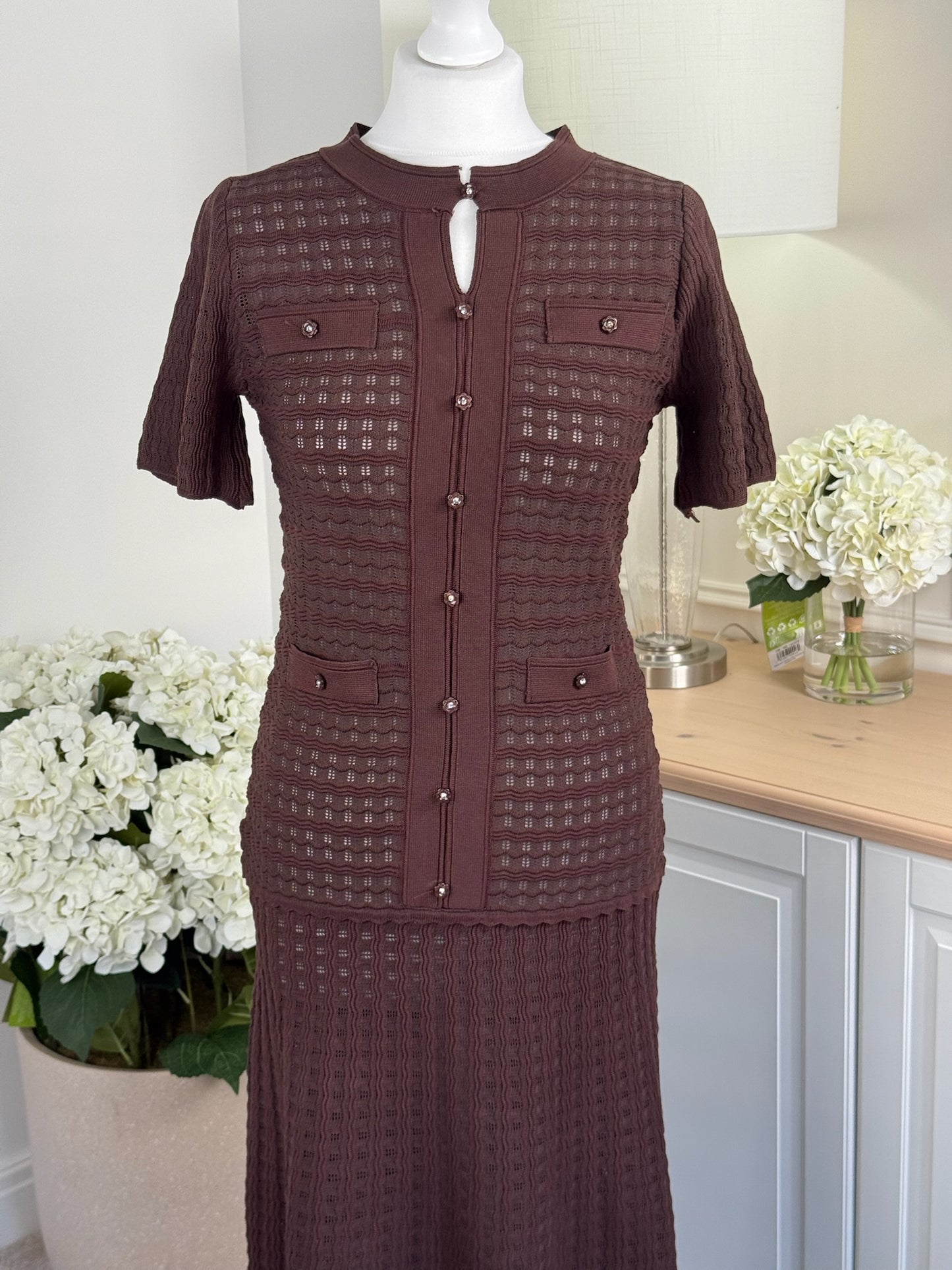 Button Detail Open Knit Maxi Dress