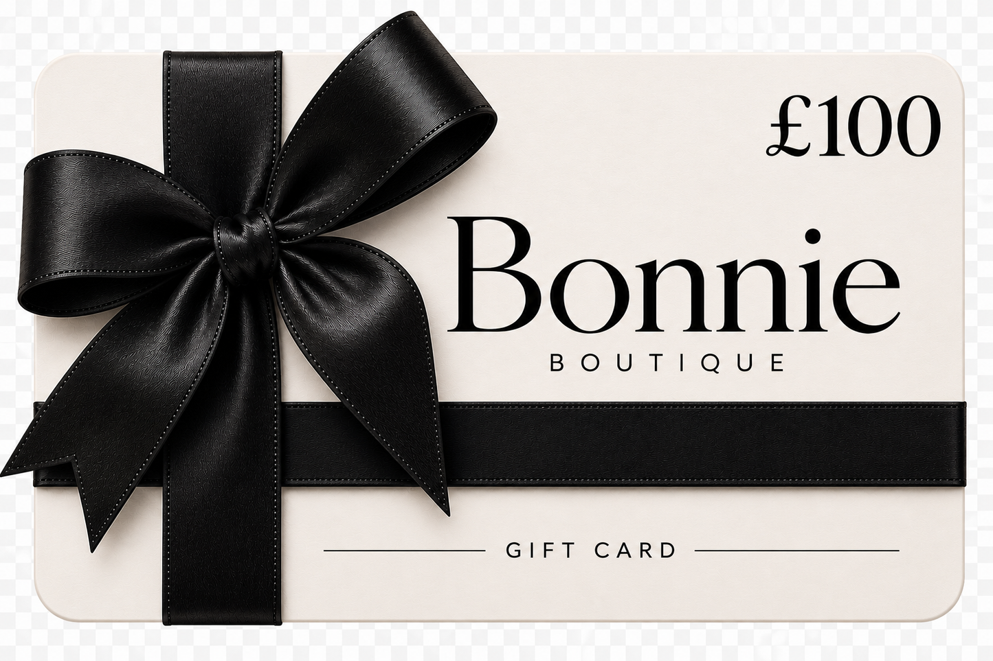 A Bonnie Boutique gift card valued at £250, featuring a large black satin ribbon bow on the left side and a black horizontal ribbon across the lower half, set against a light cream background.