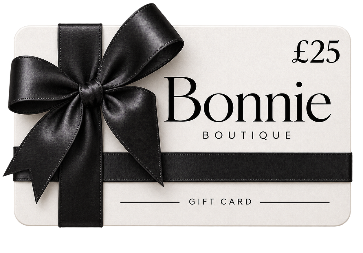 A £25 Bonnie Boutique gift card with a large black satin bow and ribbon, shown on a plain white background.