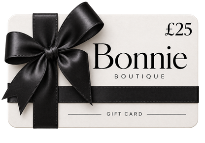 A £25 Bonnie Boutique gift card with a large black satin bow and ribbon, shown on a plain white background.
