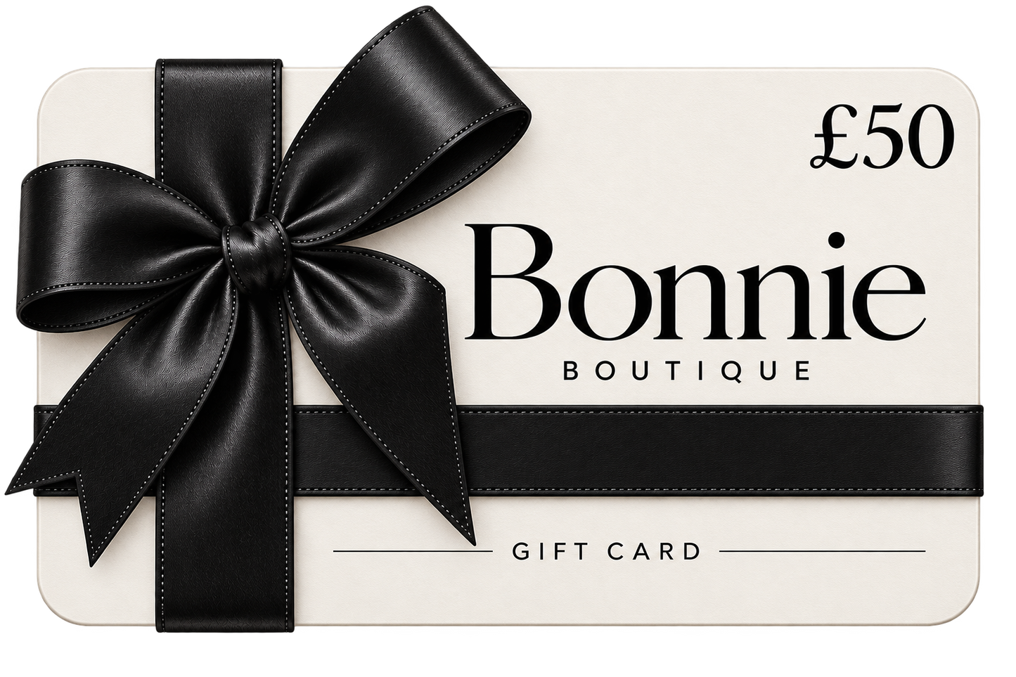 A £50 Bonnie Boutique gift card with a large black satin bow across the front, shown on a clean white background.