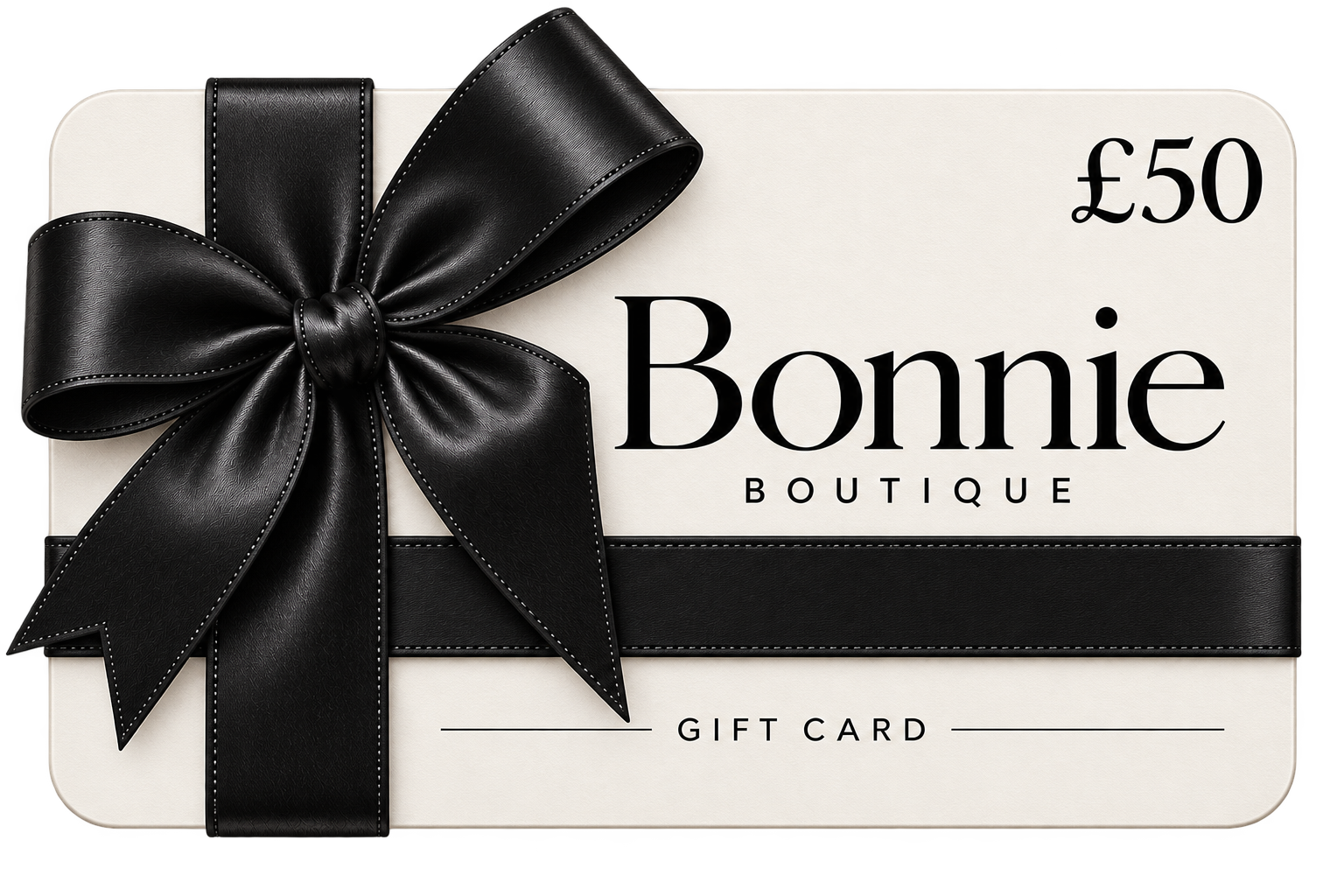 A £50 Bonnie Boutique gift card with a large black satin bow across the front, shown on a clean white background.
