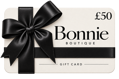 A £50 Bonnie Boutique gift card with a large black satin bow across the front, shown on a clean white background.