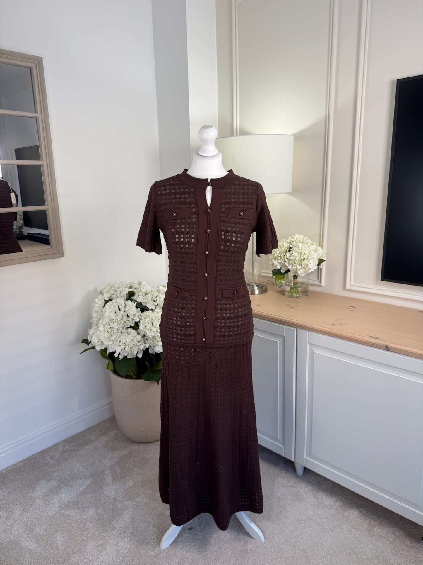Button Detail Open Knit Maxi Dress