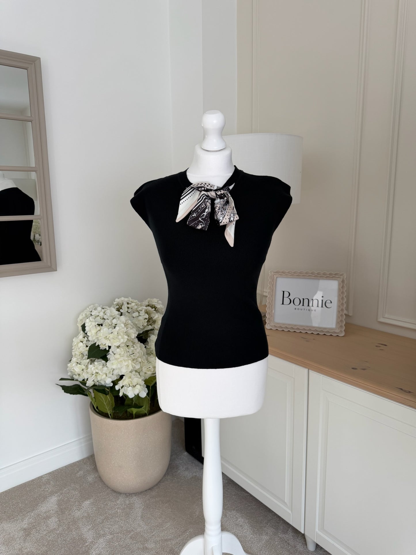 Printed Scarf Detail Fine Knit Top