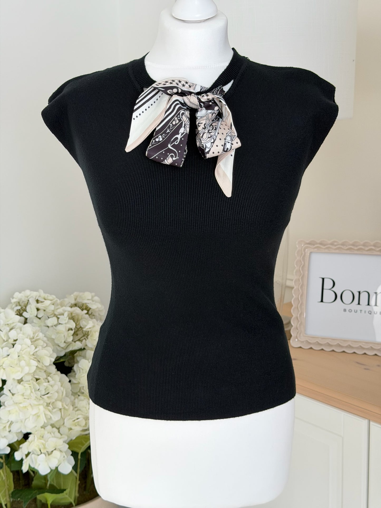 Printed Scarf Detail Fine Knit Top