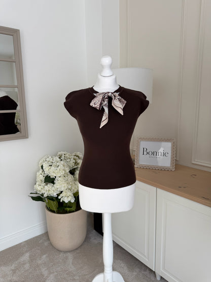 Printed Scarf Detail Fine Knit Top
