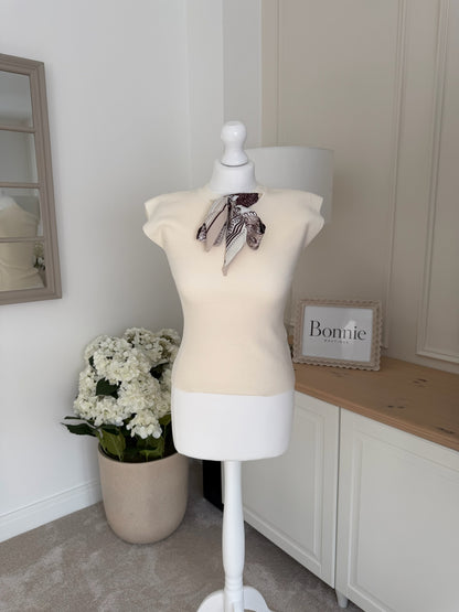 Printed Scarf Detail Fine Knit Top