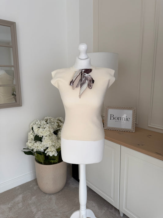 Printed Scarf Detail Fine Knit Top