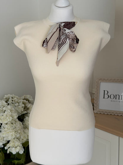 Printed Scarf Detail Fine Knit Top