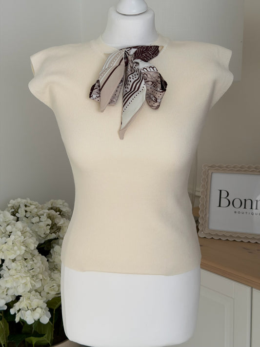 Printed Scarf Detail Fine Knit Top