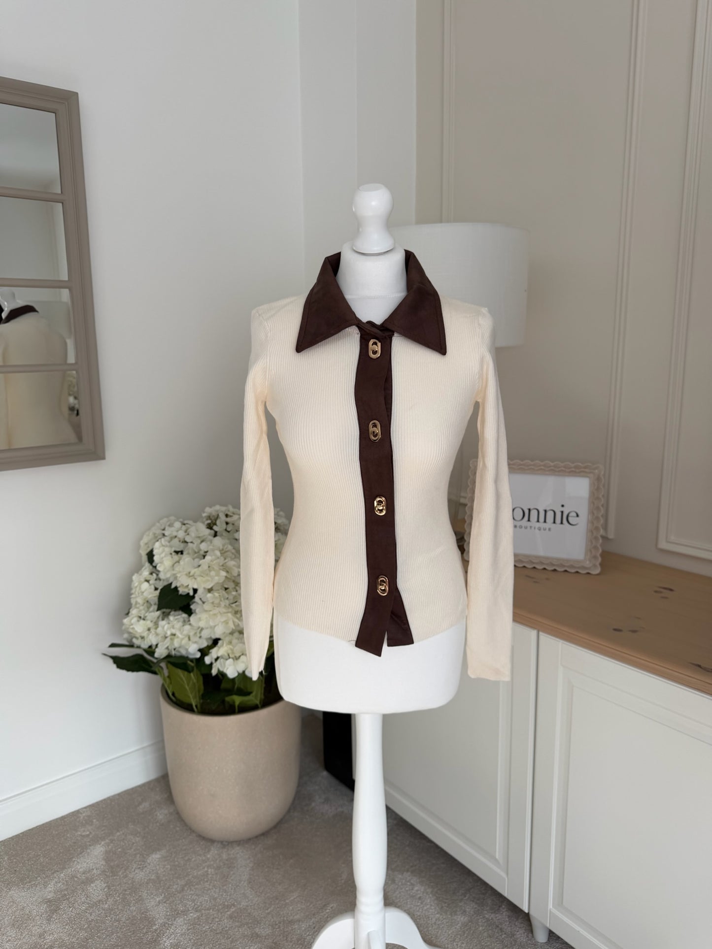 Suede Collar Ribbed Knit Top