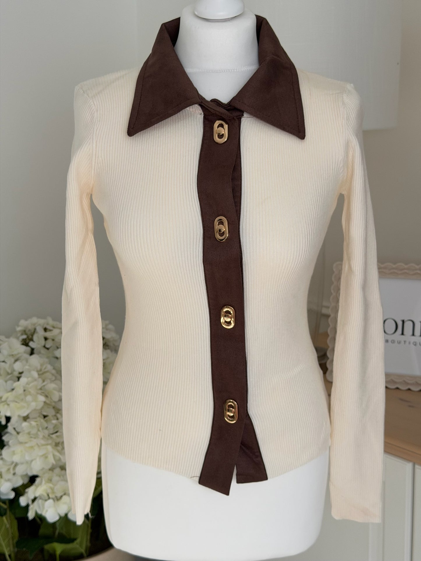 Suede Collar Ribbed Knit Top