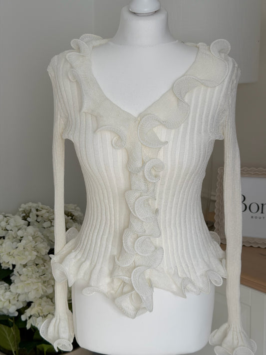 Ruffle Detail Ribbed Knit Cardigan