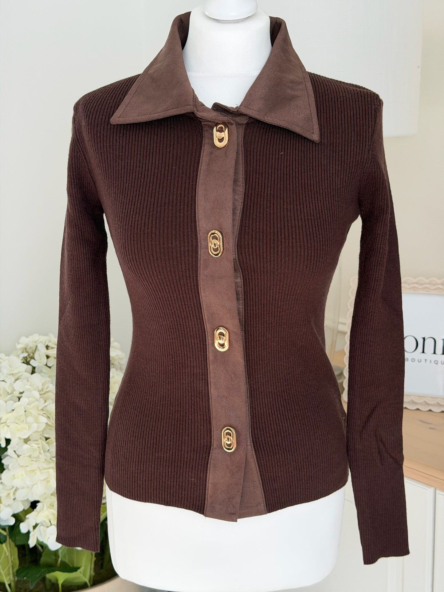 Suede Collar Ribbed Knit Top