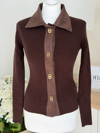 Suede Collar Ribbed Knit Top