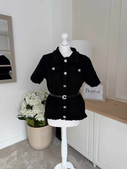 Crystal Button Bouclé Belted Top
