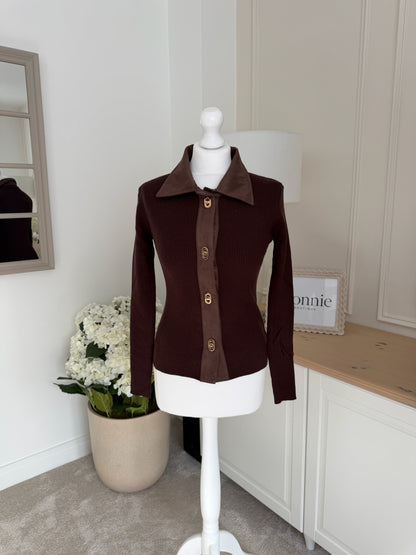 Suede Collar Ribbed Knit Top