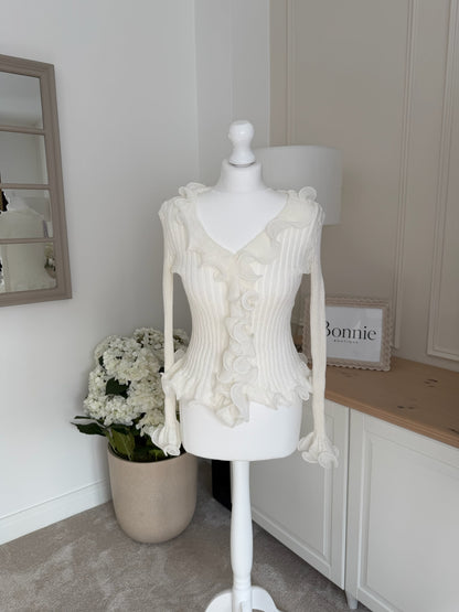 Ruffle Detail Ribbed Knit Cardigan