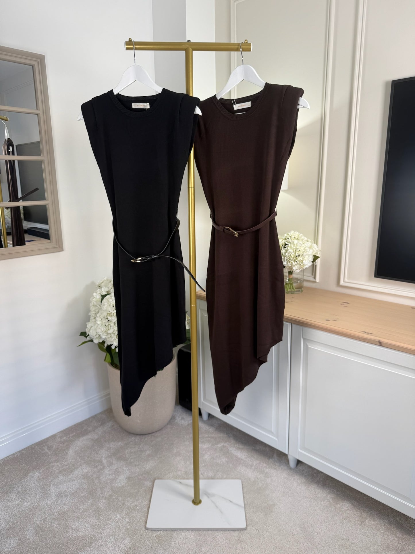 Shoulder Pad Asymmetric Midi Dress