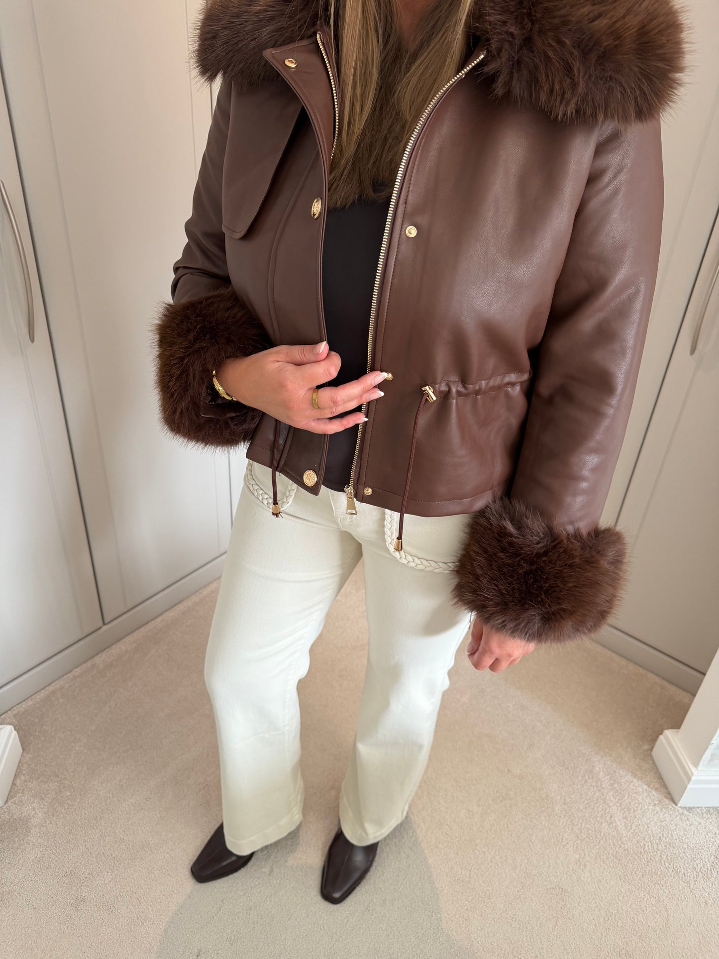 Faux Fur Trim Leather-Look Jacket