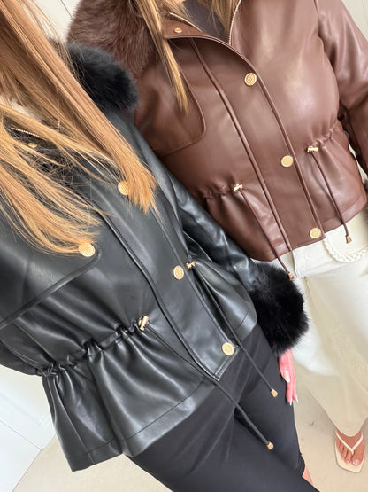 Faux Fur Trim Leather-Look Jacket
