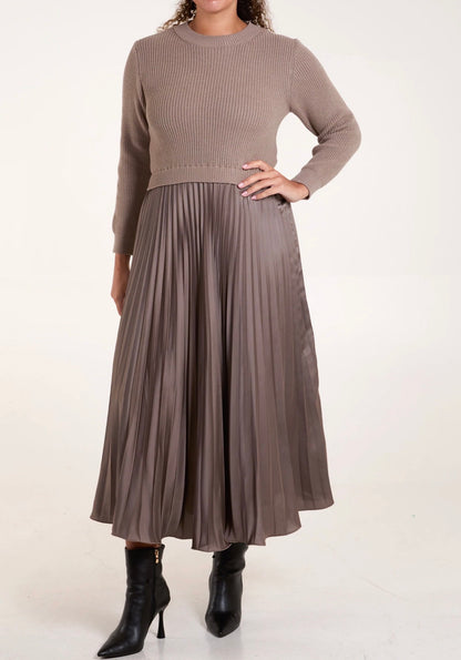 Knitted Top Satin Pleated Skirt Dress