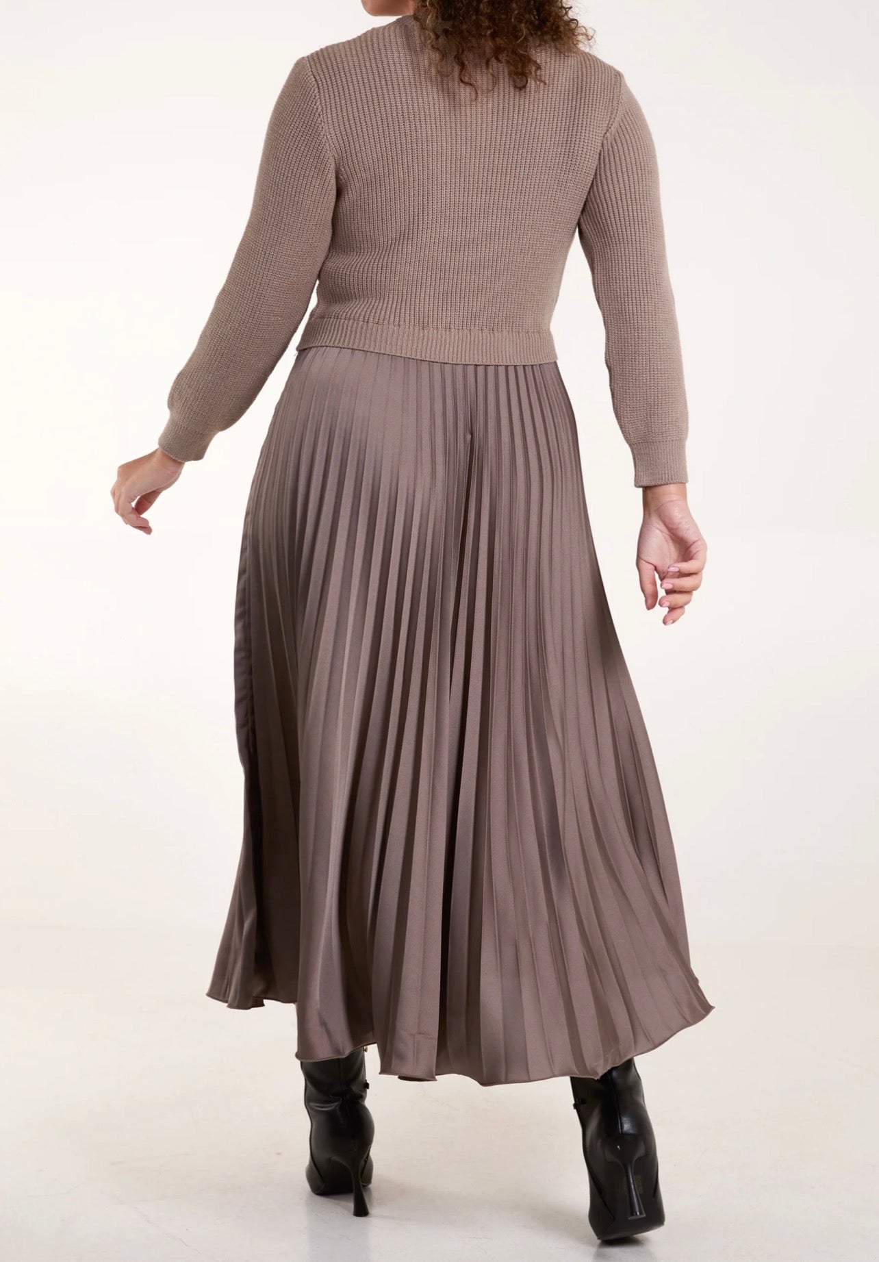Knitted Top Satin Pleated Skirt Dress