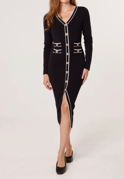 Gold Button Contrast V-Neck Dress