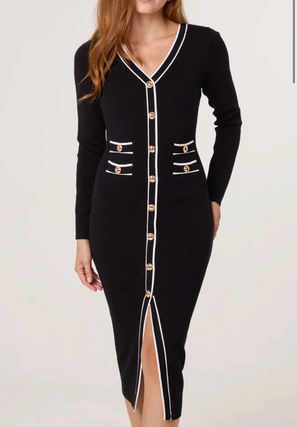 Gold Button Contrast V-Neck Dress
