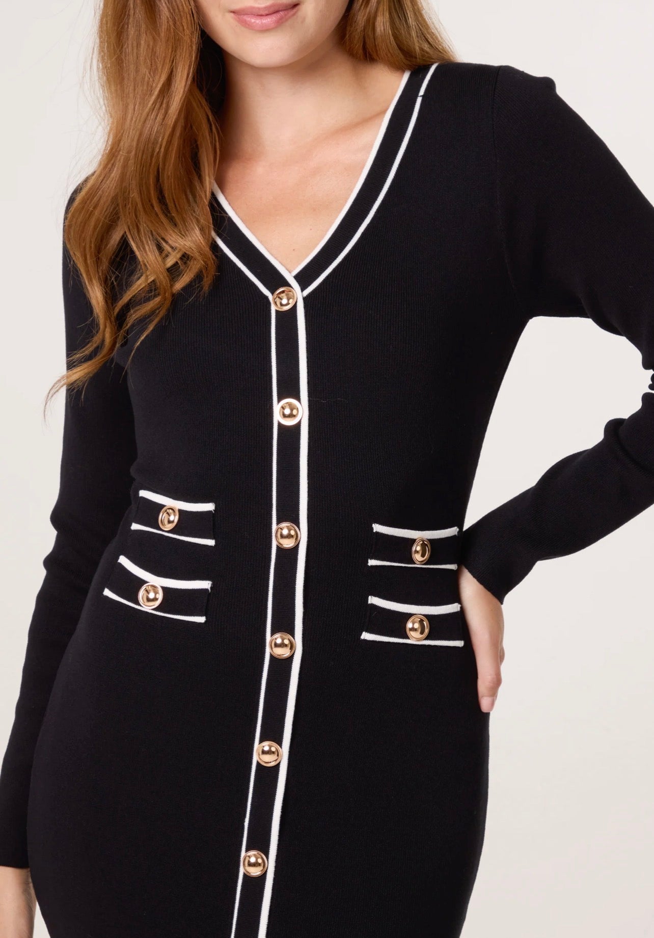 Gold Button Contrast V-Neck Dress