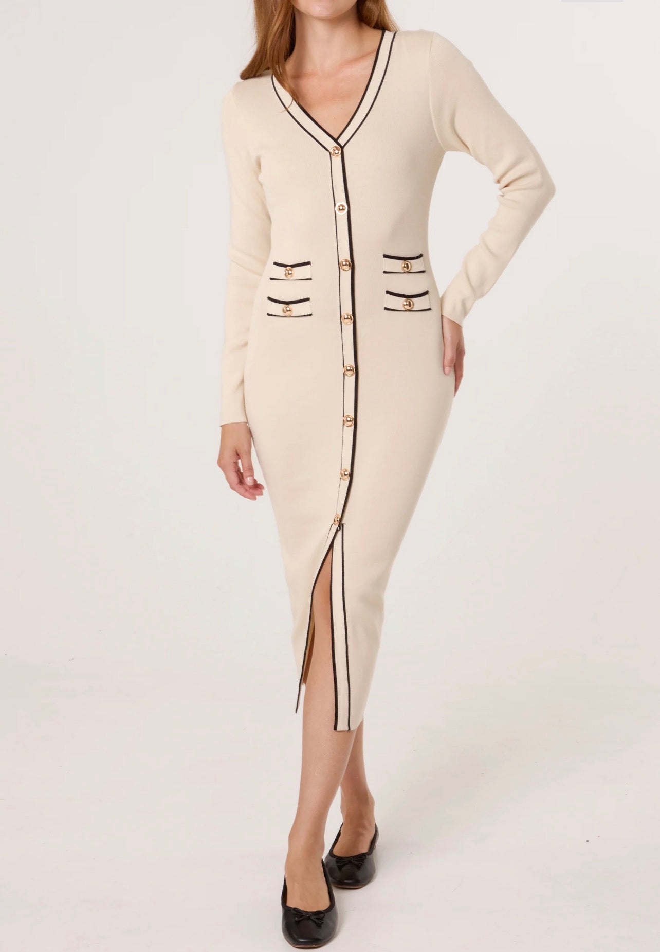 Gold Button Contrast V-Neck Dress
