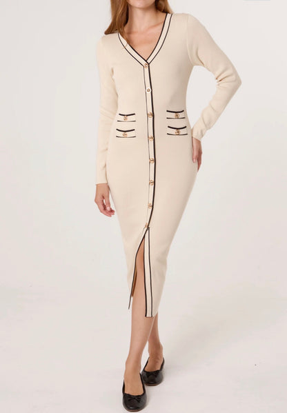 Gold Button Contrast V-Neck Dress