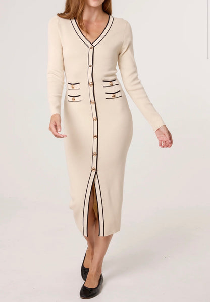 Gold Button Contrast V-Neck Dress