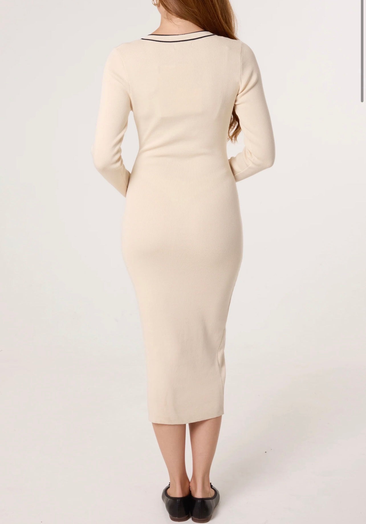 Gold Button Contrast V-Neck Dress