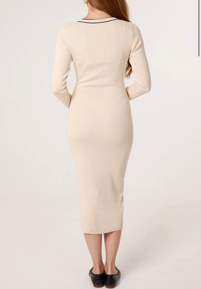 Gold Button Contrast V-Neck Dress