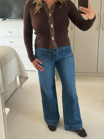 Suede Collar Ribbed Knit Top