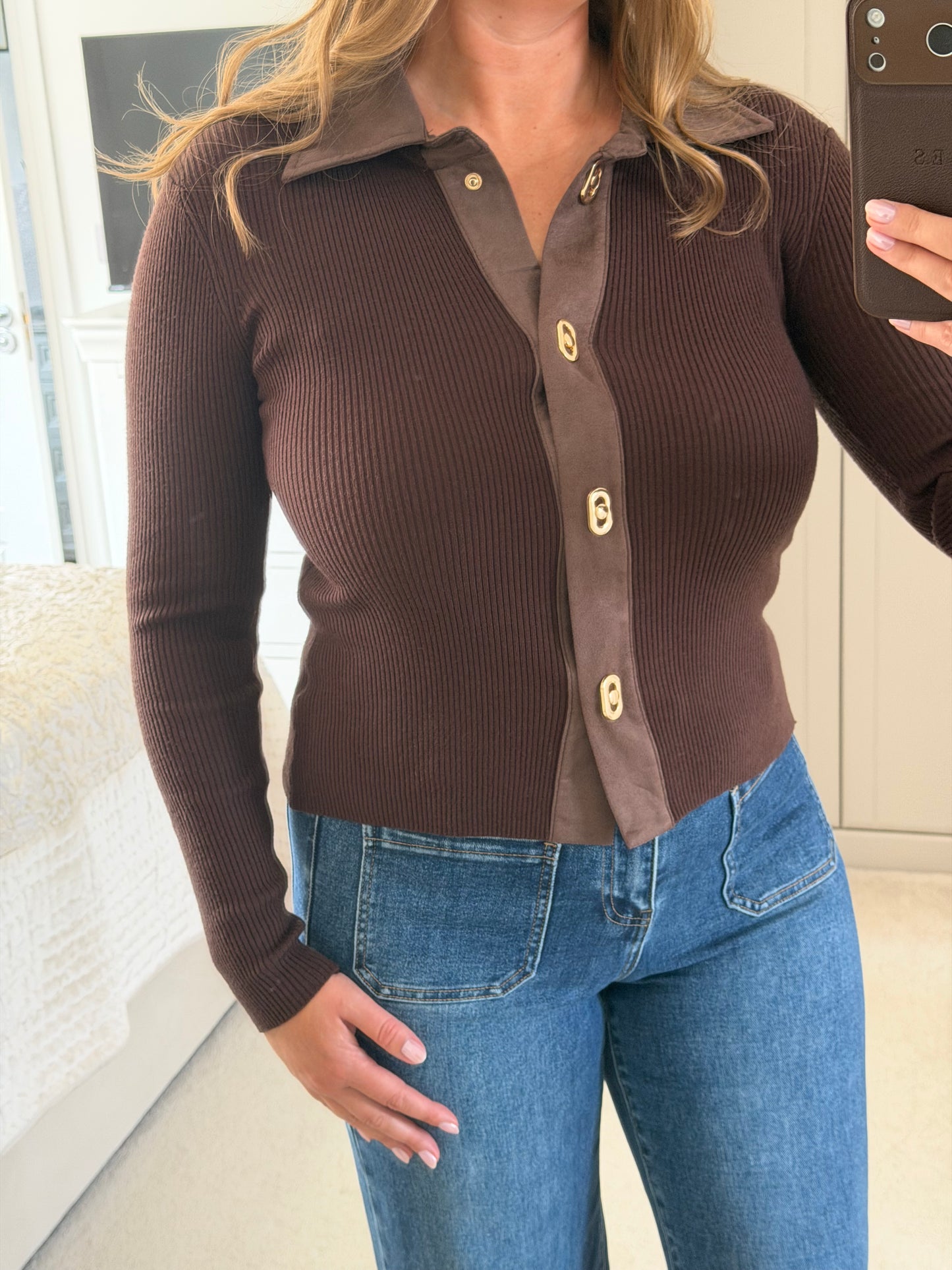 Suede Collar Ribbed Knit Top