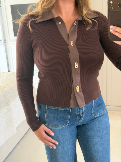 Suede Collar Ribbed Knit Top