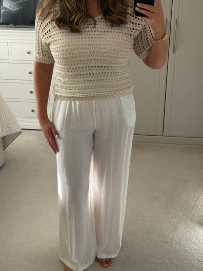 Beige Openwork V-Neck