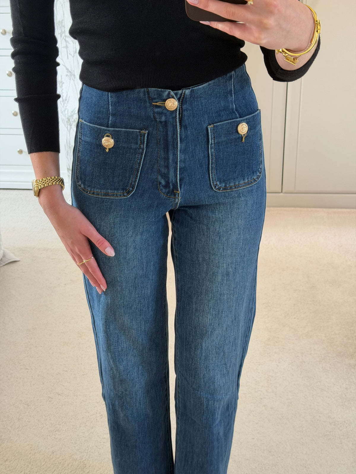 Gold Button Mid-Blue Jeans