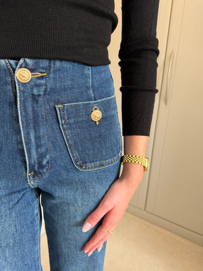 Gold Button Mid-Blue Jeans