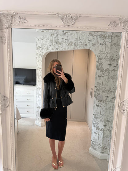 Faux Leather Shoulder Belted Midi Dress