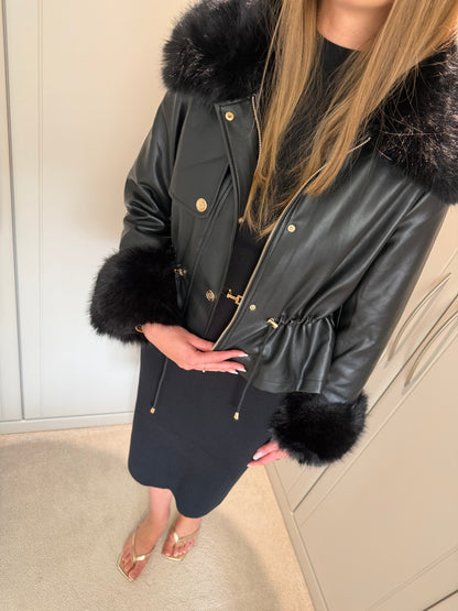 Faux Fur Trim Leather-Look Jacket