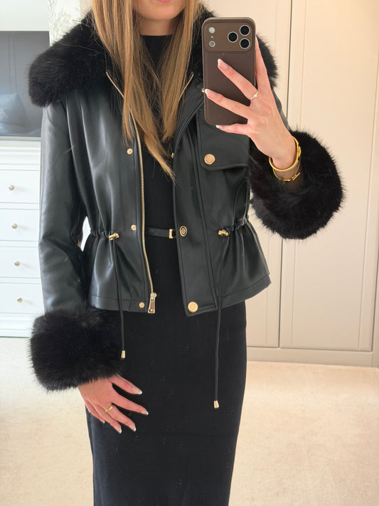 Faux Fur Trim Leather-Look Jacket