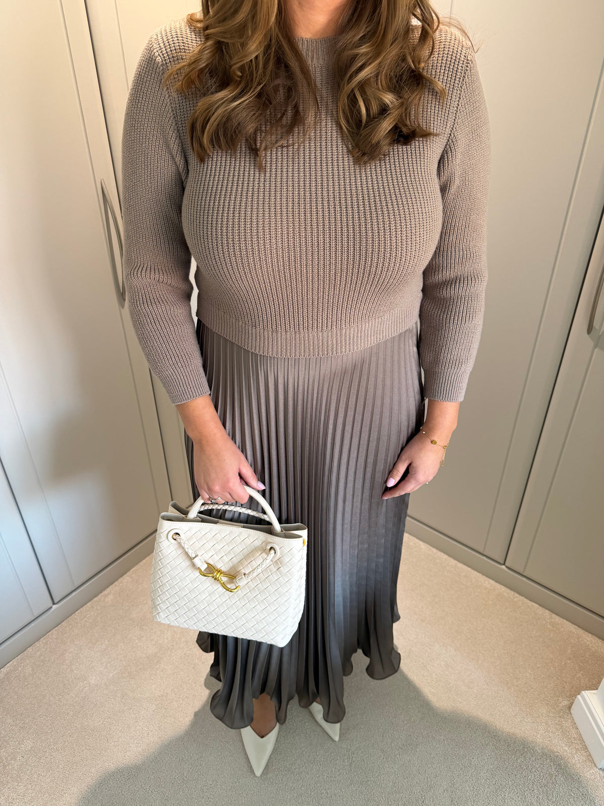 Knitted Top Satin Pleated Skirt Dress